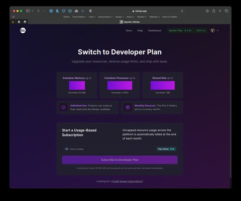 Screenshot of safari viewing railway's developer plan upsell page. The CSS is not working properly and does not display any numbers