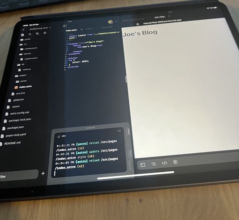 iPad using code sandbox’s iOS app to edit Joe’s blog