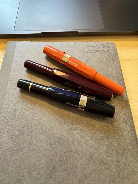 A picture of 3 of my fountain pens. Which isn't even all of them. I have a problem.