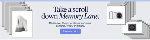 A digital banner ad with the text “Take a scroll down Memory Lane.” promoting retro tech. It features images of a Nintendo Wii, an old Samsung digital camera, and an iPod Shuffle, framed in overlapping retro-style computer windows. A button reads “Shop retro tech.” The design evokes nostalgia for 2000s-era gadgets.