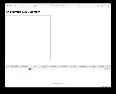 Screenshot of safari viewing immersive web GitHub example page of the new html model element. Where the model should be there is only a blank square