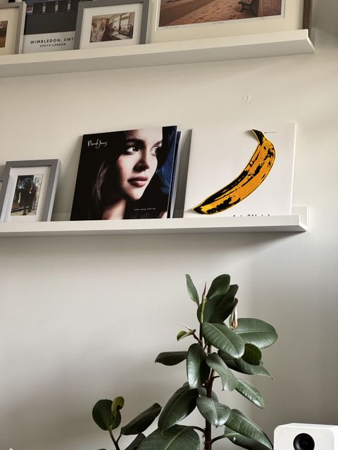 Two vinyl albums on a shelf.  One velvet underground by nico with a banana on it and the other is Norah jones portrait but it looks like she desires the banana.