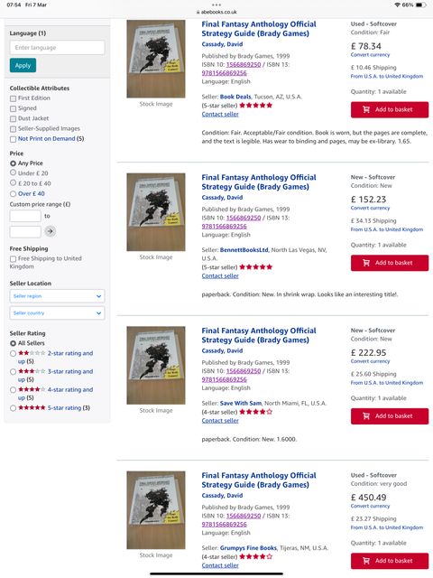 Screenshot of a used book retailer with prices ranging from £78 to £450