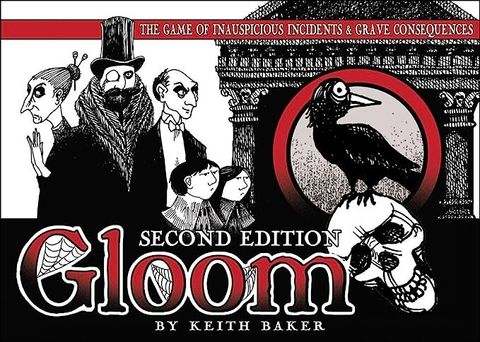 Cover art of the card game gloom, it shows gotich illustration of a spooky family. The text reads: "The Game of inauspicious incidents & grave consequences, Gloom Second Edition by Keith Baker"