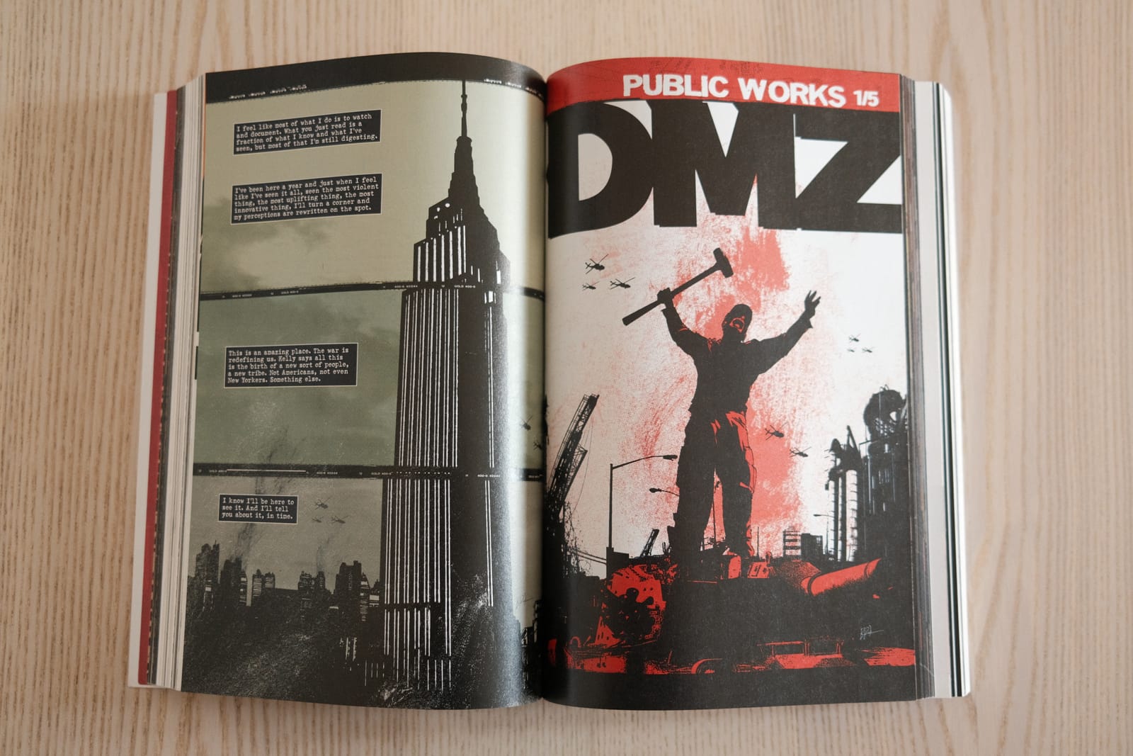 Showing inner pages from DMZ, displaying the grungey art style.