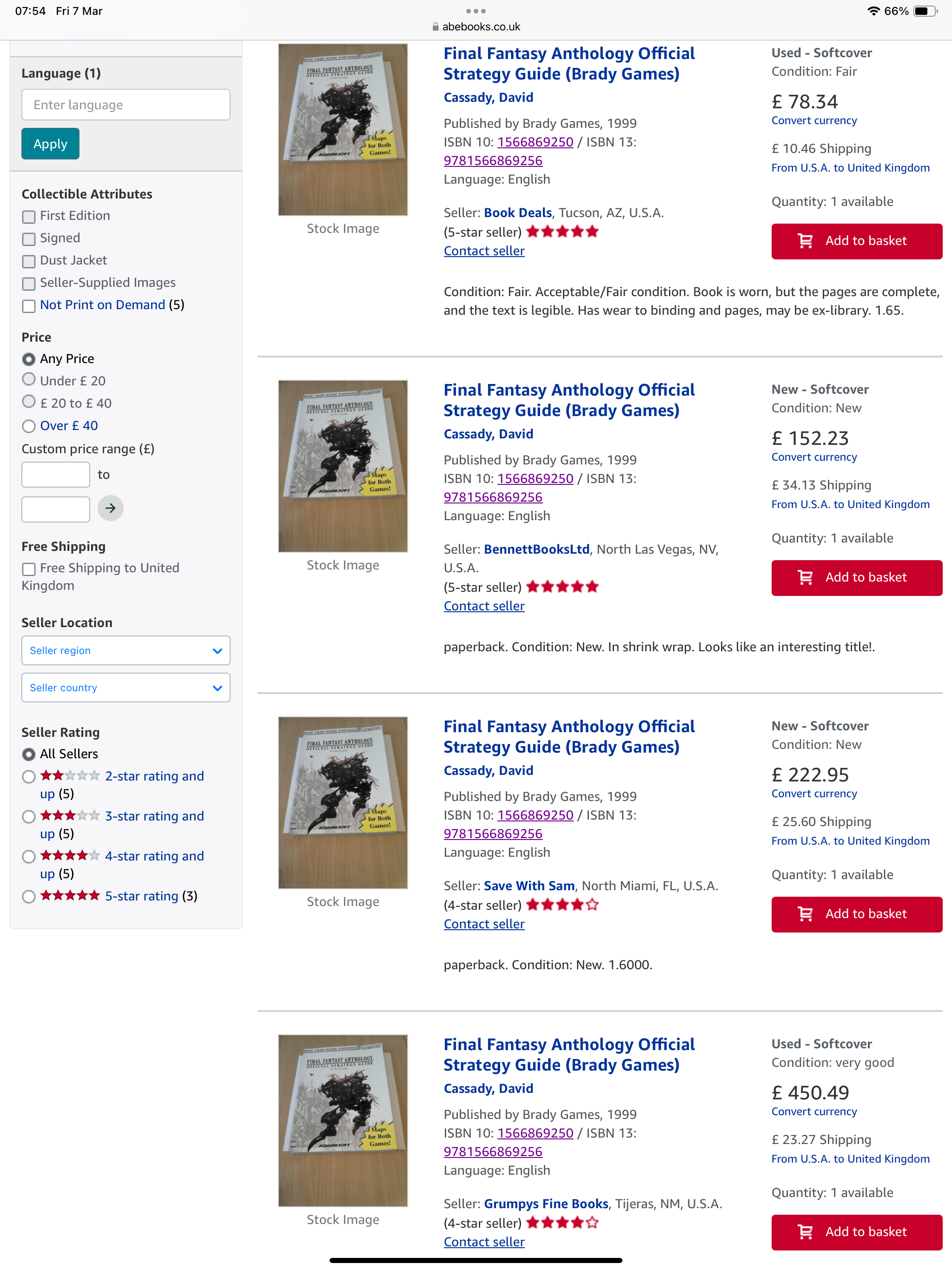 Screenshot of a used book retailer with prices ranging from £78 to £450