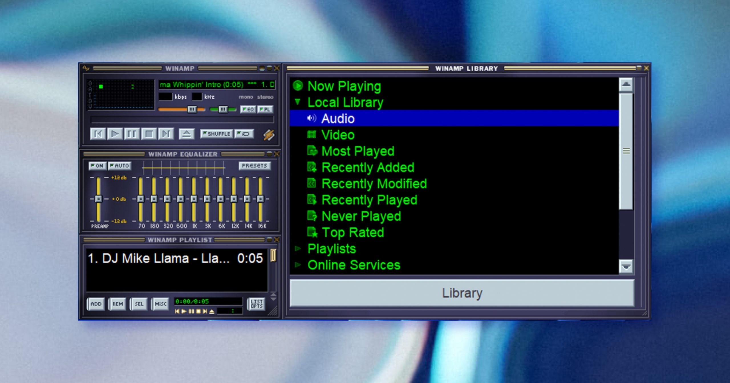 screenshot of Winamp with a very skuomorphic bezelled UI with lots of fun colours.