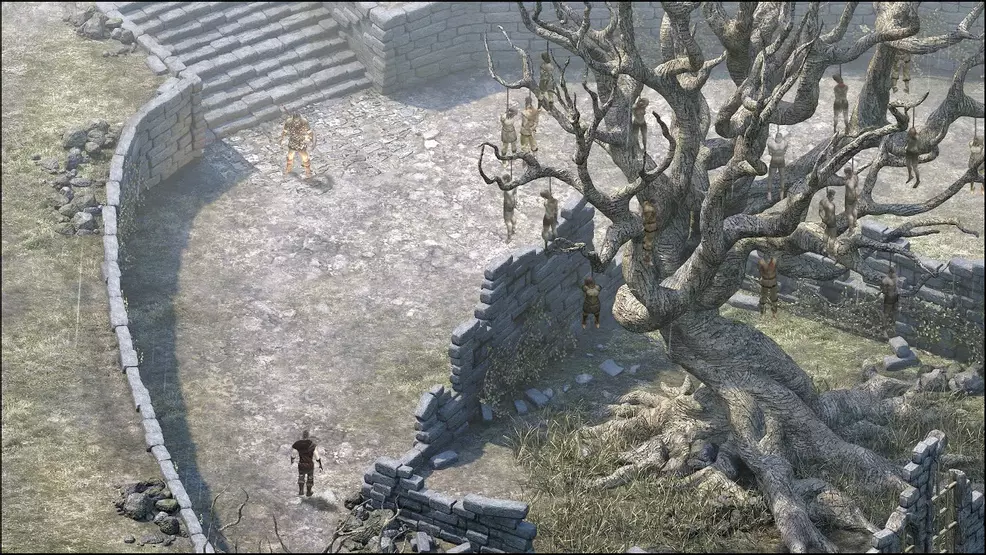 Screenshot from Pillars of Eternity showing a tree with bodies hanging in it.