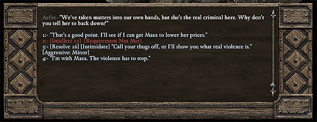 Screenshot from Pillars of Eternity showing the dialogue interface.